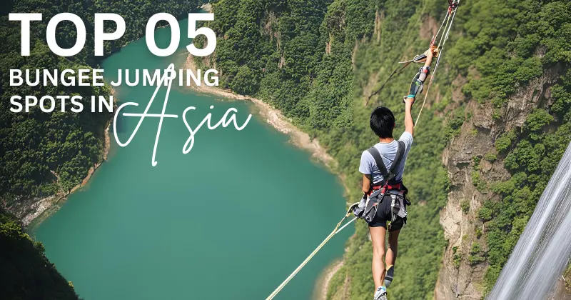 Person bungee jumping with a beautiful view, showing the top 5 best bungee jumping spots in Asia.