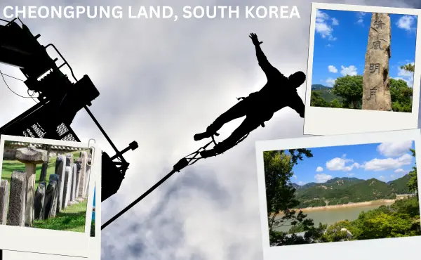 Cheongpung Land in South Korea is a popular spot for bungee jumping, providing thrilling jumps and scenic views of the surrounding area.