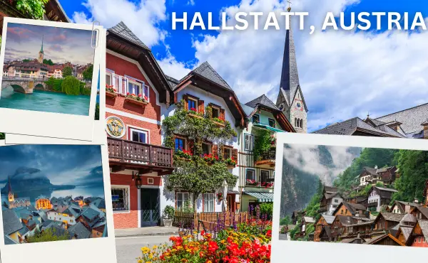 A picturesque autumn scene of Hallstatt, Austria, with colorful foliage reflecting in the calm lake.