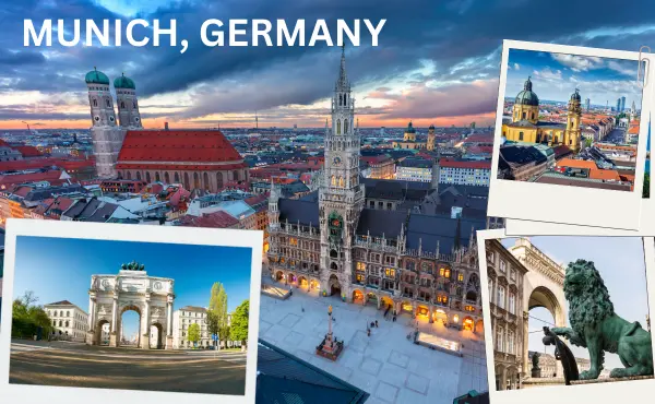 A scenic view of Munich, Germany in October, showcasing historic architecture and fall colors.