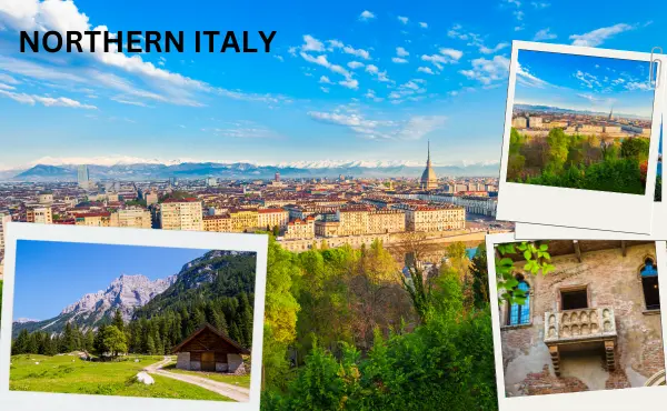 Scenic view of Northern Italy with mountains and lakes.