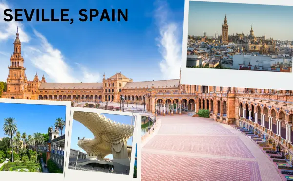 A beautiful view of Seville, Spain in October, highlighting historic buildings and vibrant plazas in warm autumn light.