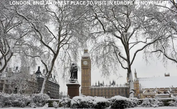 London, England in November – A rainy London street scene with the iconic Big Ben and red double-decker buses