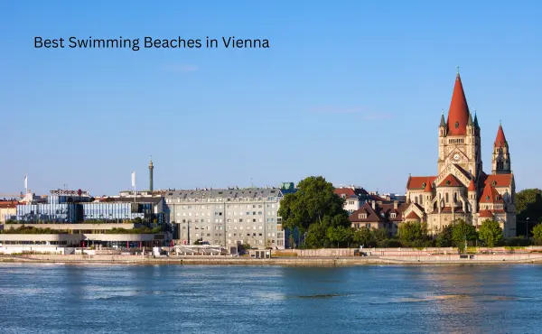 Image of one of Vienna's best beaches in summer, with people swimming and relaxing along the shore, enjoying the warm weather