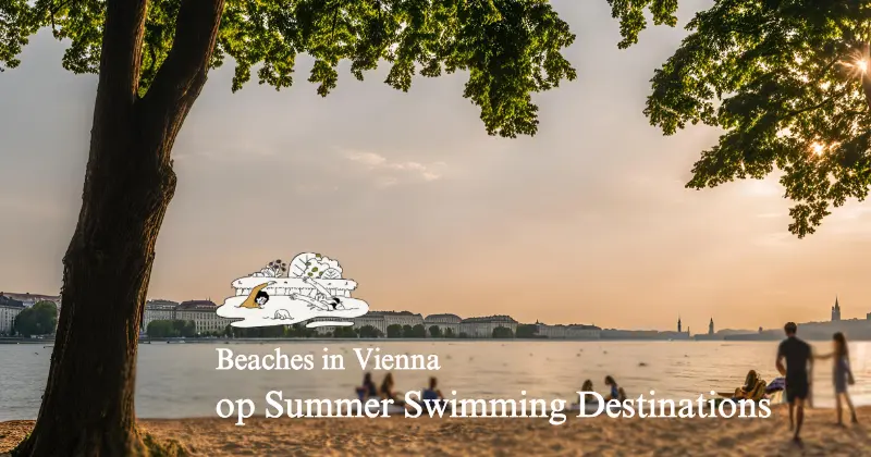 The image shows one of the best beaches in Vienna where people are swimming in summer