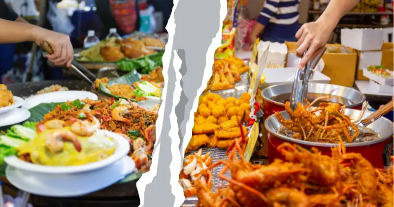 A variety of food options displayed at a Bangkok street market, showcasing the Best-Street-Markets to Try Food in Bangkok