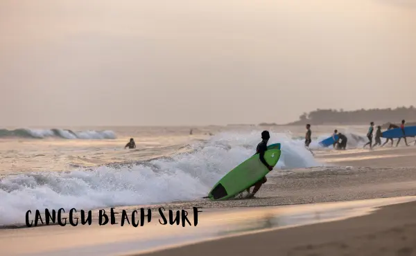 Image depicts Canggu Beach with its powerful waves ideal for surfers