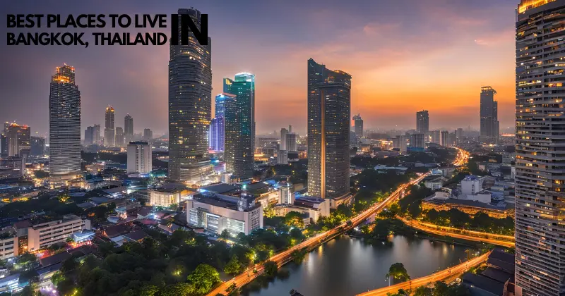 This image shows a stunning view of Bangkok, Thailand, highlighting the city's vibrant urban landscape, which is considered one of the best places to live in Bangkok