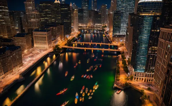 A map of Chicago night kayaking routes along the Chicago River, showing illuminated paths for evening paddling, with notable landmarks like the Willis Tower and Navy Pier