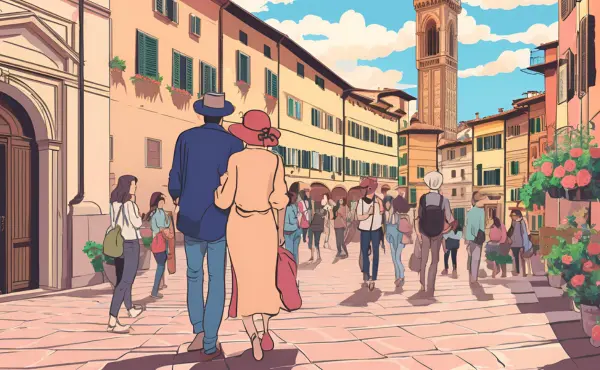 Animated image of couples visiting Florence, Italy, with the iconic Duomo