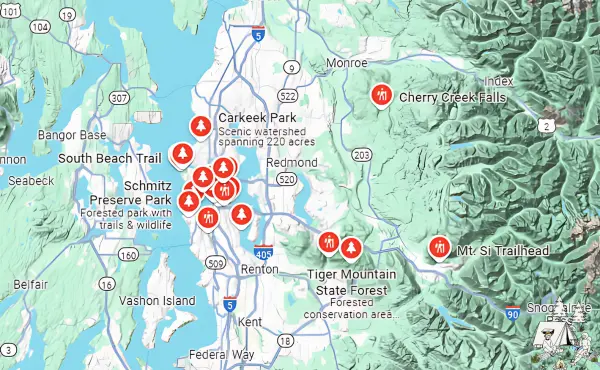 Map of 12 best morning hikes near downtown Seattle hiking trails