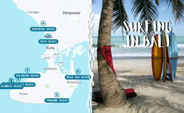 Map of beaches in Bali for surfing, highlighting the top surfing spots