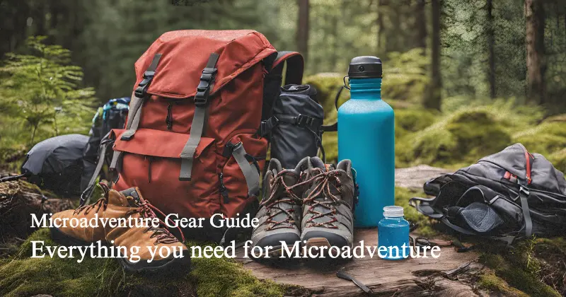 A beginner with essential microadventure gear, including a backpack and walking shoes, ready to explore the outdoors