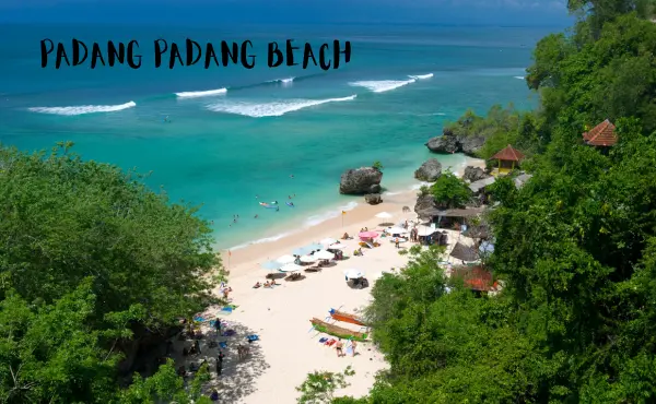 Image shows Padang Padang Beach and its waves that are great for surfing in Bali