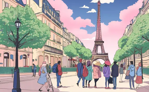 Animated image of couples visiting Paris, France, with the Eiffel Tower in the background