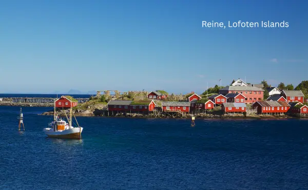 the image shows a boat in the water of reine lofoten islands