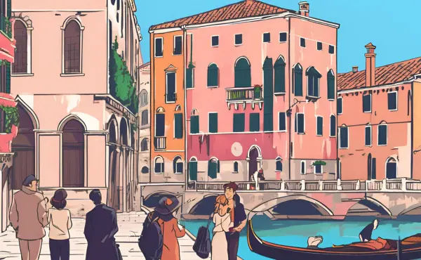 An animated image of couples visiting Venice, Italy, riding gondolas through canals