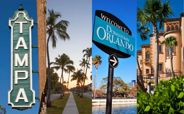 The image displays the top 5 best places to live in Florida for 40-year-olds